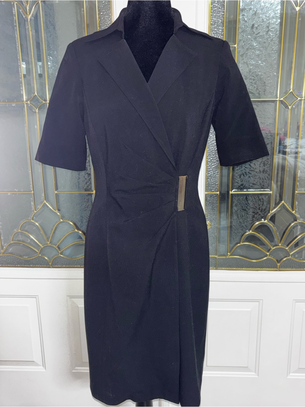 Ellen Tracy Black Midi Wrap-Style Dress with Gold Accent